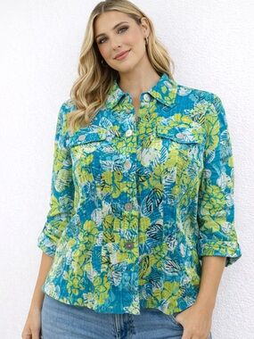 Ruby Rd Favorites Petite Button Front Shirt Jacket Blue Green Floral Leaf 12P